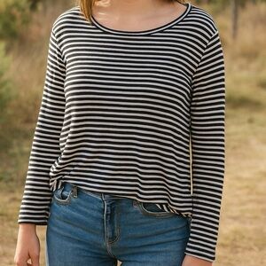 Vintage Old Navy Black White Stripes Preppy Fisherman Y2K Top Cotton Clothing XL